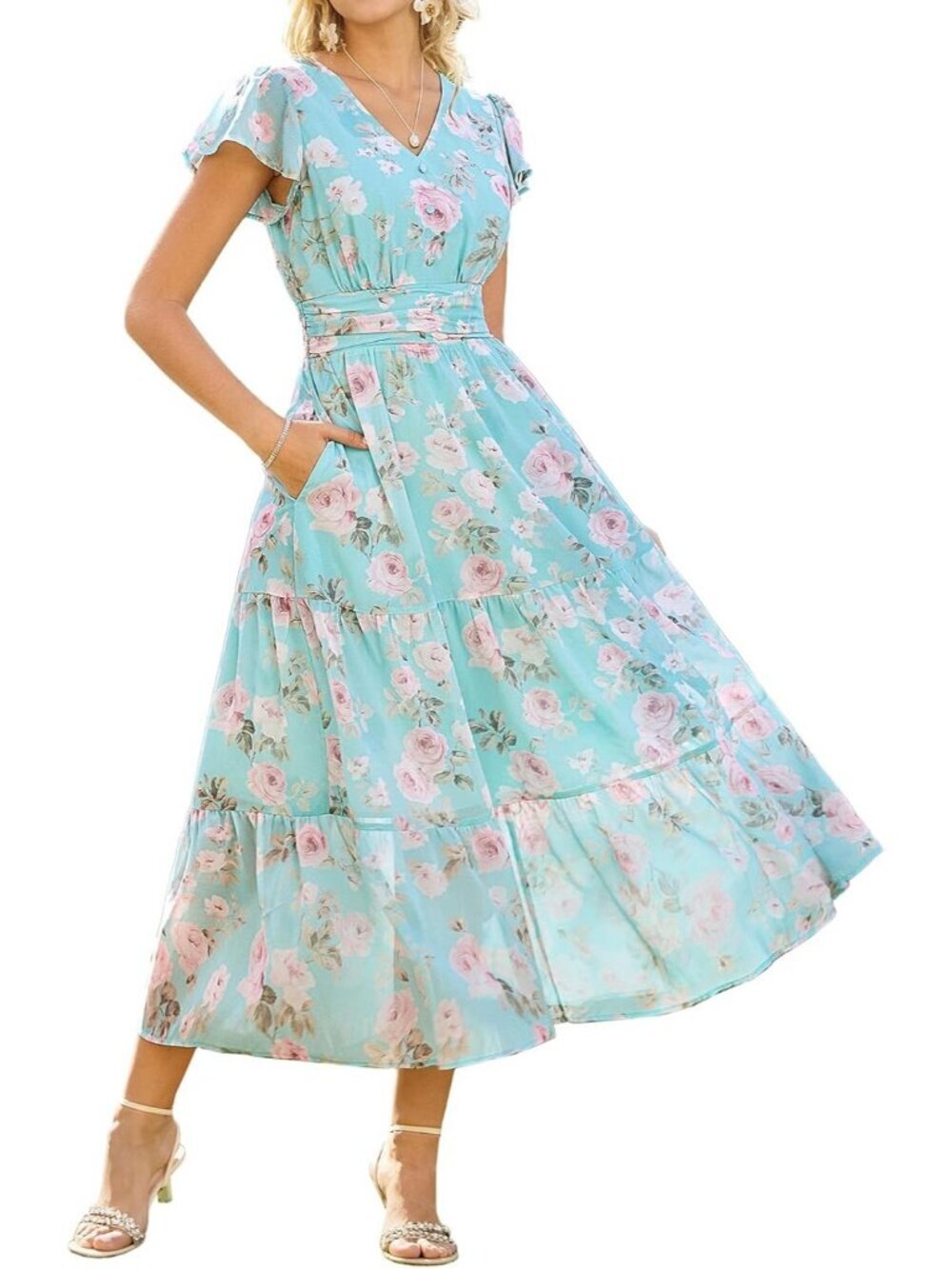 Women's Mint Green With Light Pink Roses Sleeve Floral Formal Flow Maxi Dress